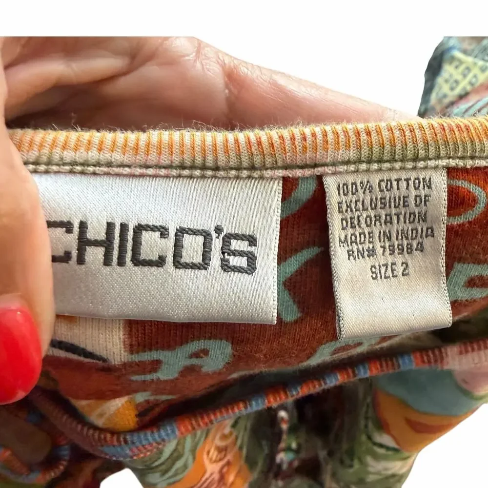 VTG Chico's Abstract Pop Art Patchwork Knit Top Size 2 Large Colorful Whimsical